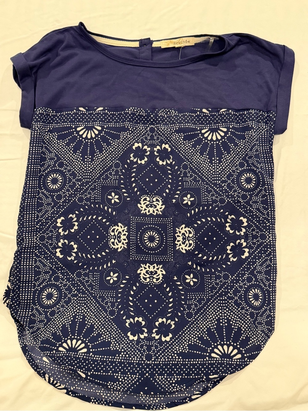 Rewind Women’s Small Navy Blue Paisley Bandana Print Short Sleeve Top Boho Y2K